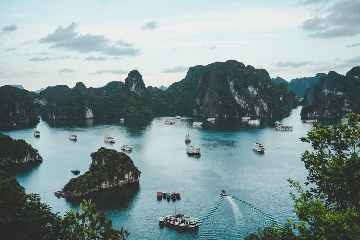 Vibrant travel destination with boats on turquoise water
