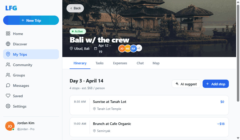 LFG trip itinerary screenshot